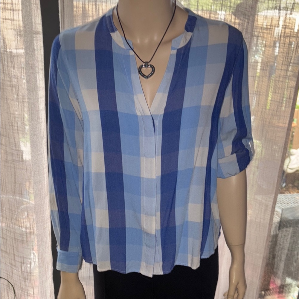 Tommy Bahama Plaid V-Neck Roll Tab Blouse